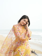 TheHandStitch Yellow Floral Organza Kurti Set for Women Elegant Beach Style Ethnic Wear
