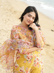 TheHandStitch Yellow Floral Organza Kurti Set for Women Elegant Beach Style Ethnic Wear