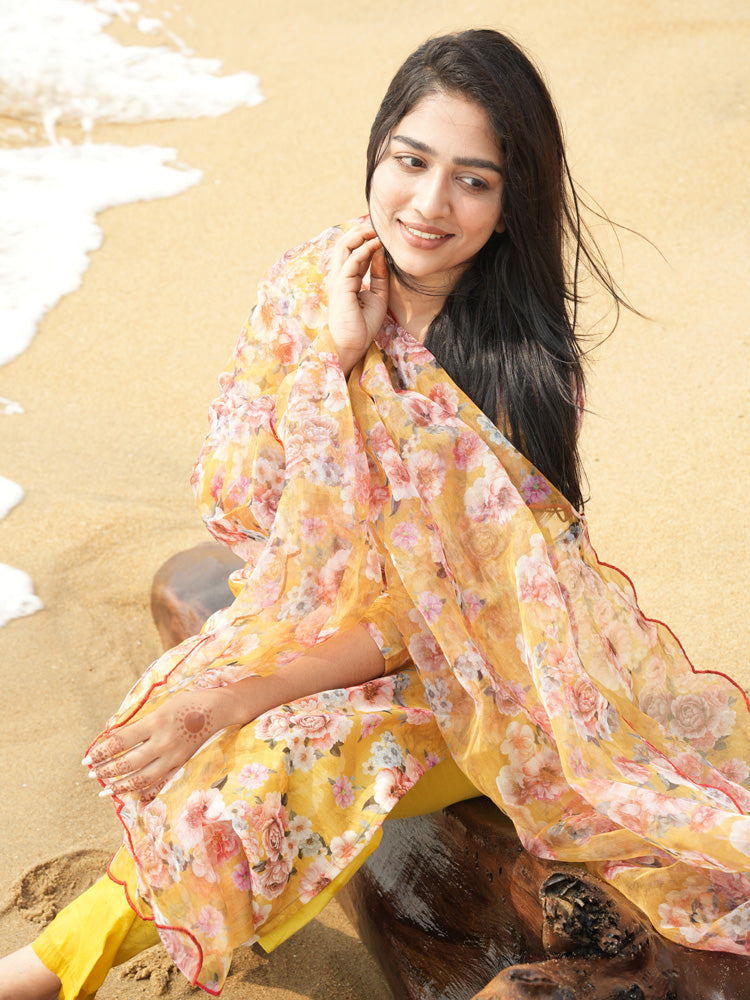 TheHandStitch Yellow Floral Organza Kurti Set for Women Elegant Beach Style Ethnic Wear