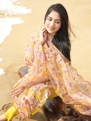TheHandStitch Yellow Floral Organza Kurti Set for Women Elegant Beach Style Ethnic Wear