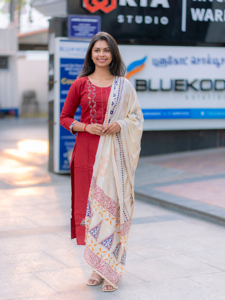 Ruby Red Printed Kurta Set for Women Elegant Ethnic Dupatta Set
