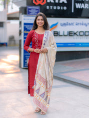 Ruby Red Printed Kurta Set for Women Elegant Ethnic Dupatta Set
