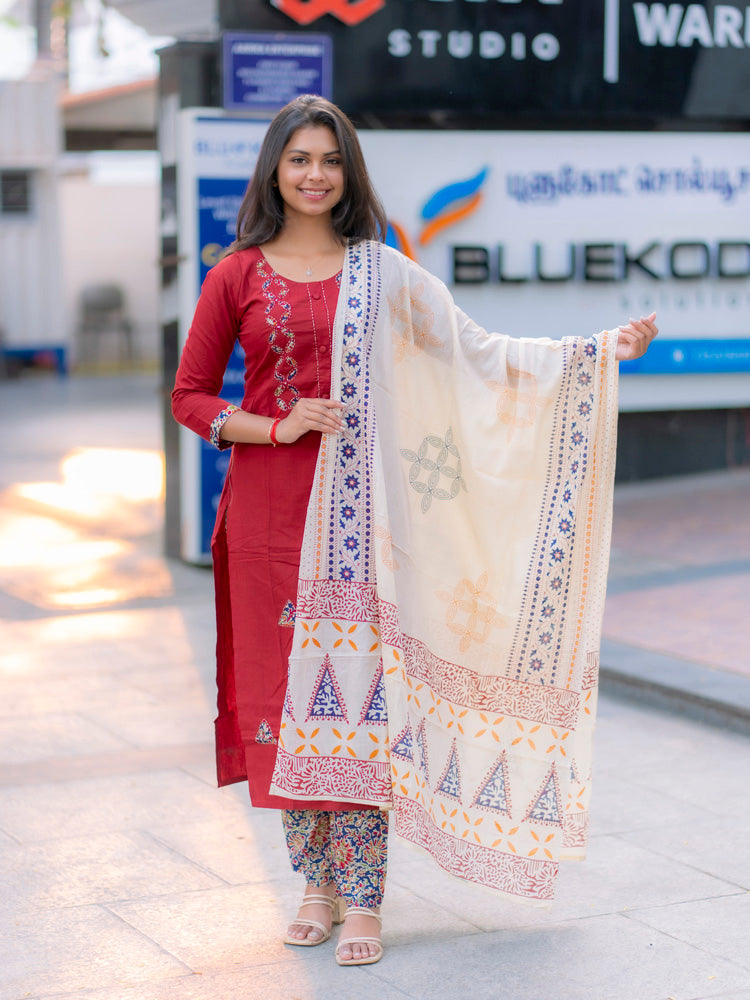 Ruby Red Printed Kurta Set for Women Elegant Ethnic Dupatta Set