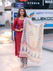Ruby Red Printed Kurta Set for Women Elegant Ethnic Dupatta Set