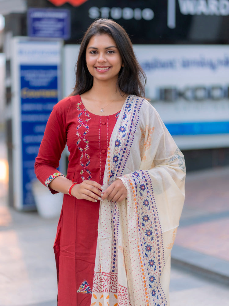 Ruby Red Printed Kurta Set for Women Elegant Ethnic Dupatta Set