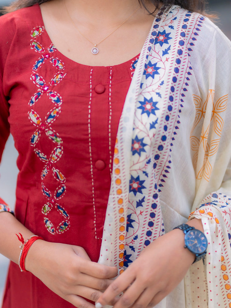 Ruby Red Printed Kurta Set for Women Elegant Ethnic Dupatta Set