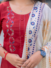 Ruby Red Printed Kurta Set for Women Elegant Ethnic Dupatta Set