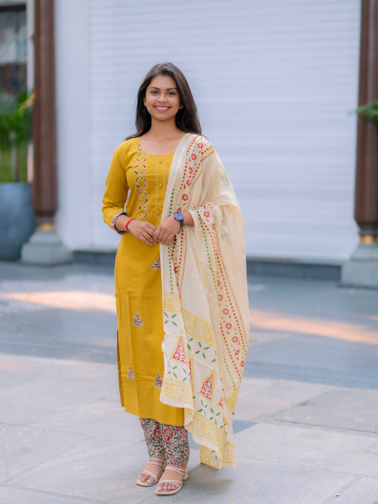 Mustard Yellow Ethnic Kurta Set for Women Printed Dupatta Collection