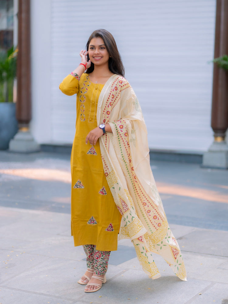 Mustard Yellow Ethnic Kurta Set for Women Printed Dupatta Collection