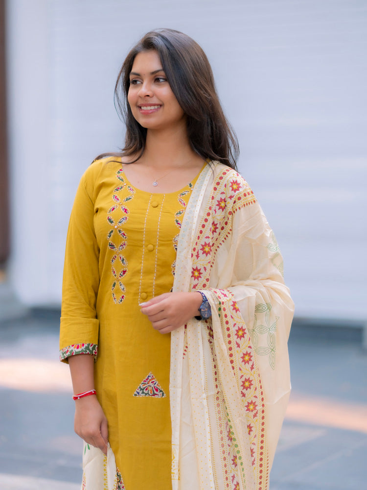 Mustard Yellow Ethnic Kurta Set for Women Printed Dupatta Collection