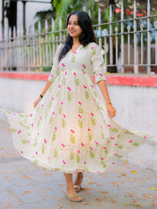 Ivory Floral Cotton Gown for Women Elegant Flared Ethnic Dress