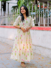 Ivory Floral Cotton Gown for Women Elegant Flared Ethnic Dress