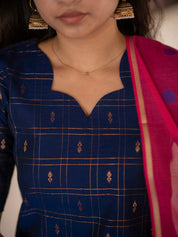 Navy Blue Kurta Set with Pink Polka Dot Dupatta for Women Festive Ethnic Wear