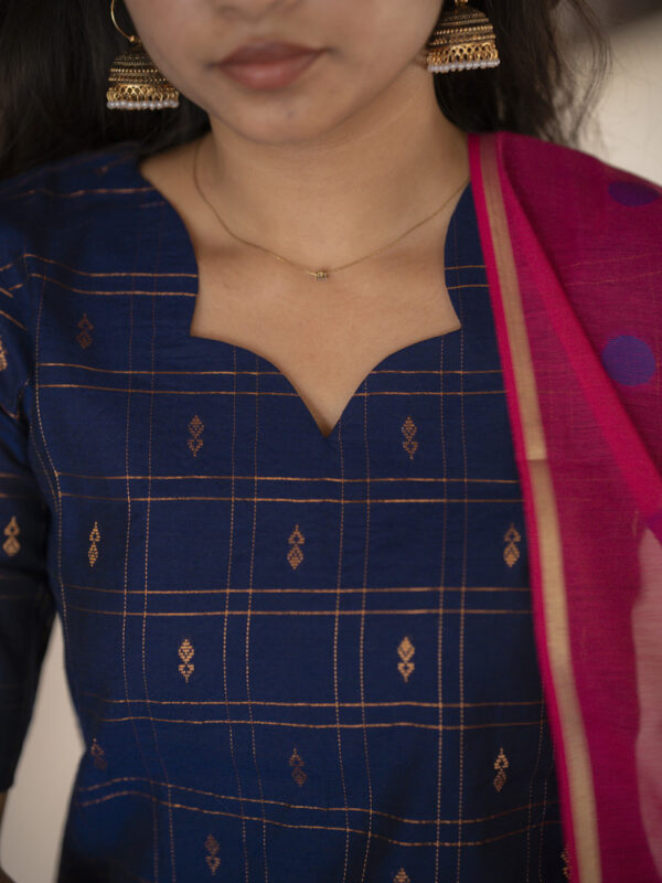 Navy Blue Kurta Set with Pink Polka Dot Dupatta for Women Festive Ethnic Wear