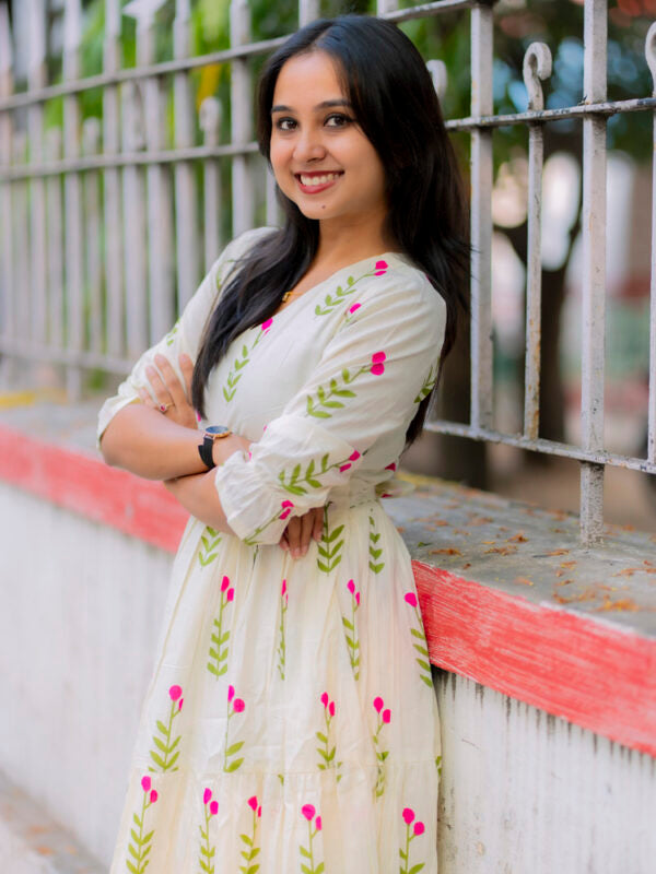 Ivory Floral Cotton Gown for Women Elegant Flared Ethnic Dress