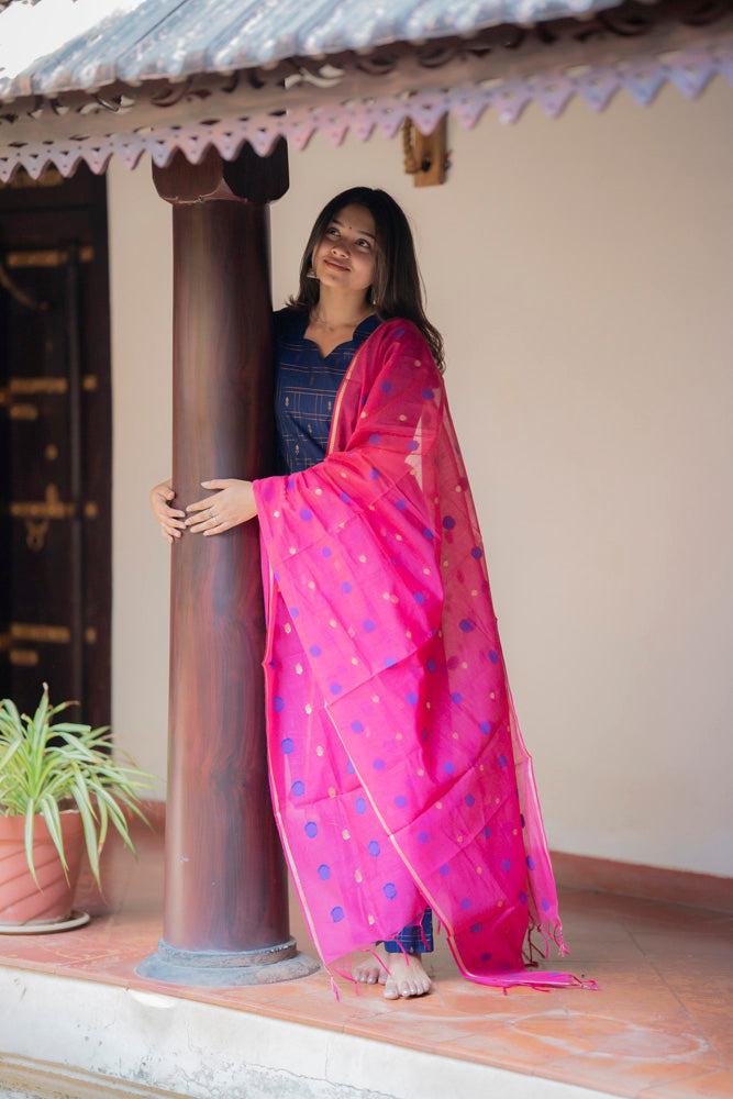 Navy Blue Kurta Set with Pink Polka Dot Dupatta for Women Festive Ethnic Wear
