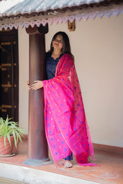 Navy Blue Kurta Set with Pink Polka Dot Dupatta for Women Festive Ethnic Wear