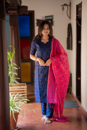 Navy Blue Kurta Set with Pink Polka Dot Dupatta for Women Festive Ethnic Wear