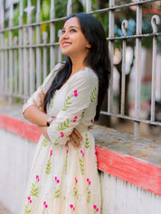 Ivory Floral Cotton Gown for Women Elegant Flared Ethnic Dress