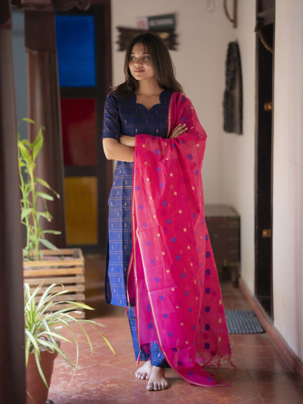 Navy Blue Kurta Set with Pink Polka Dot Dupatta for Women Festive Ethnic Wear