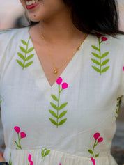 Ivory Floral Cotton Gown for Women Elegant Flared Ethnic Dress