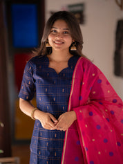 Navy Blue Kurta Set with Pink Polka Dot Dupatta for Women Festive Ethnic Wear