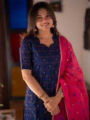 Navy Blue Kurta Set with Pink Polka Dot Dupatta for Women Festive Ethnic Wear