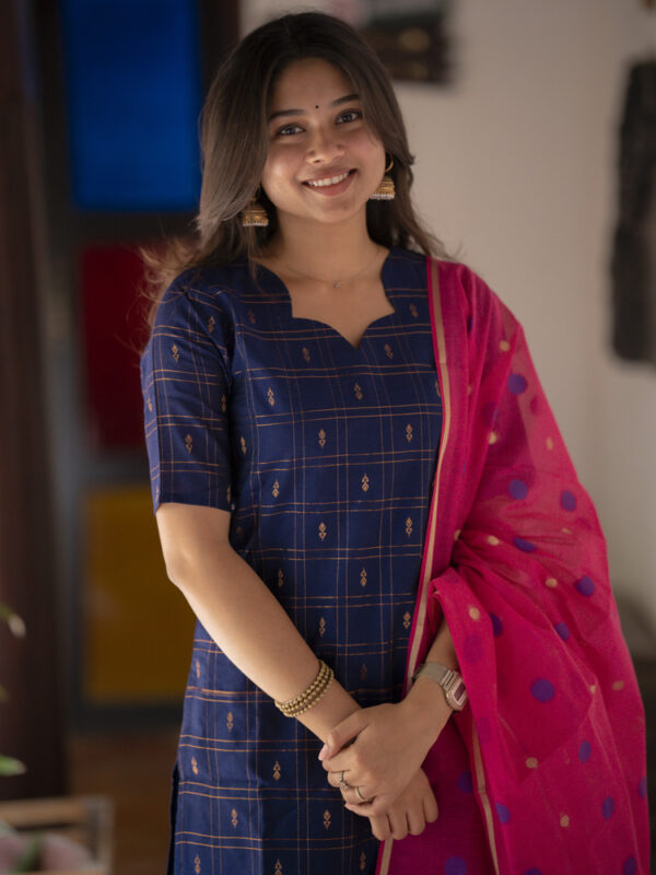 Navy Blue Kurta Set with Pink Polka Dot Dupatta for Women Festive Ethnic Wear