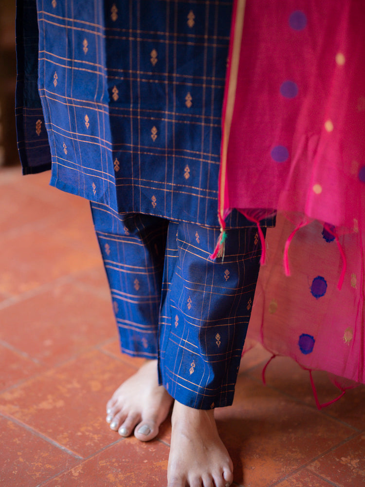 Navy Blue Kurta Set with Pink Polka Dot Dupatta for Women Festive Ethnic Wear