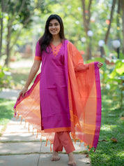 Fuchsia Pink Kurta Set with Peach Dupatta for Women Elegant Festive Ethnic Wear