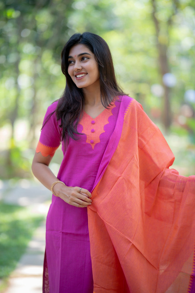 Fuchsia Pink Kurta Set with Peach Dupatta for Women Elegant Festive Ethnic Wear