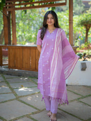 Lavender Handwoven Kurta Set with Striped Dupatta for Women Elegant Ethnic Wear