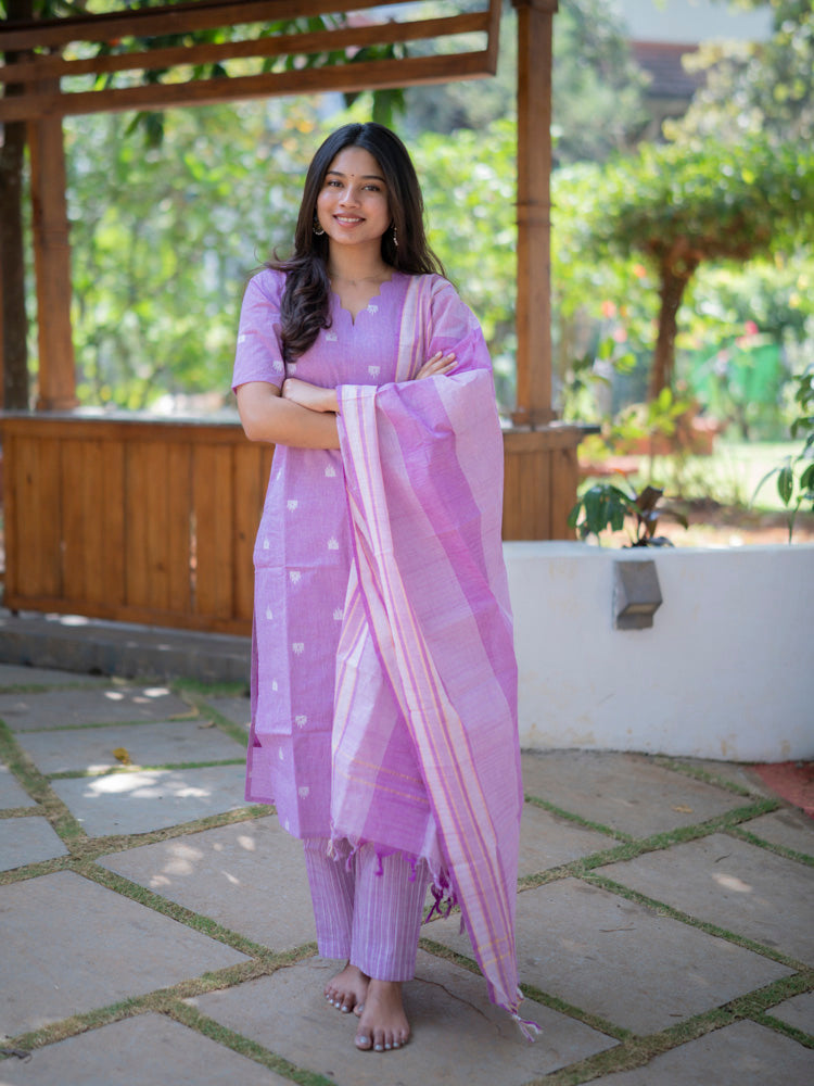 Lavender Handwoven Kurta Set with Striped Dupatta for Women Elegant Ethnic Wear