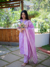 Lavender Handwoven Kurta Set with Striped Dupatta for Women Elegant Ethnic Wear