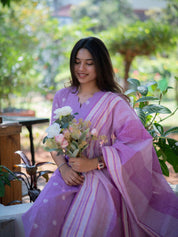 Lavender Handwoven Kurta Set with Striped Dupatta for Women Elegant Ethnic Wear