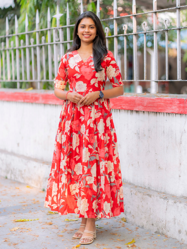 Scarlet Bloom Floral Maxi Dress for Women Elegant Flared Cotton Gown