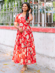Scarlet Bloom Floral Maxi Dress for Women Elegant Flared Cotton Gown