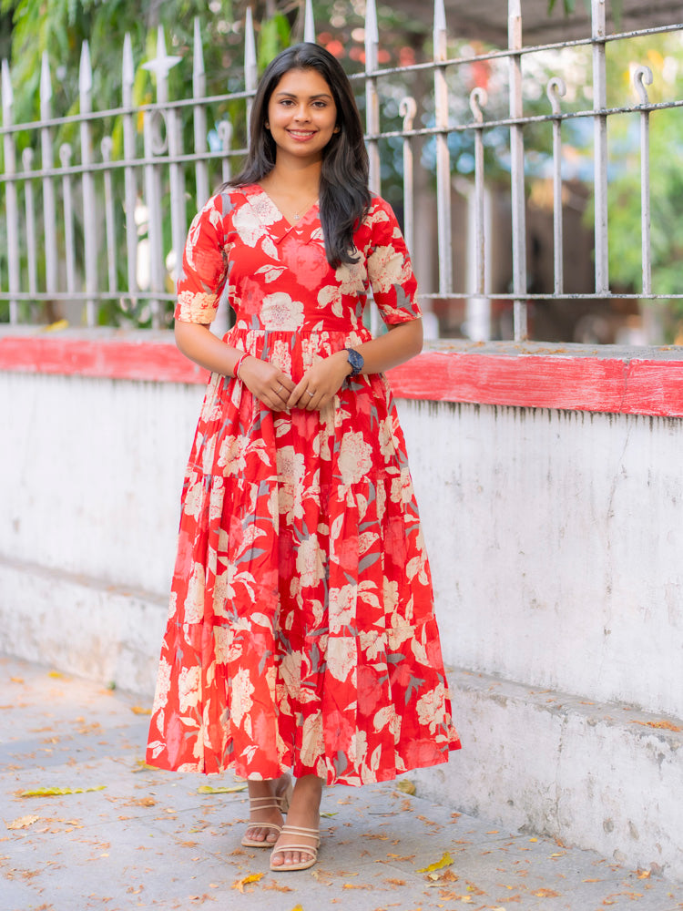 Scarlet Bloom Floral Maxi Dress for Women Elegant Flared Cotton Gown