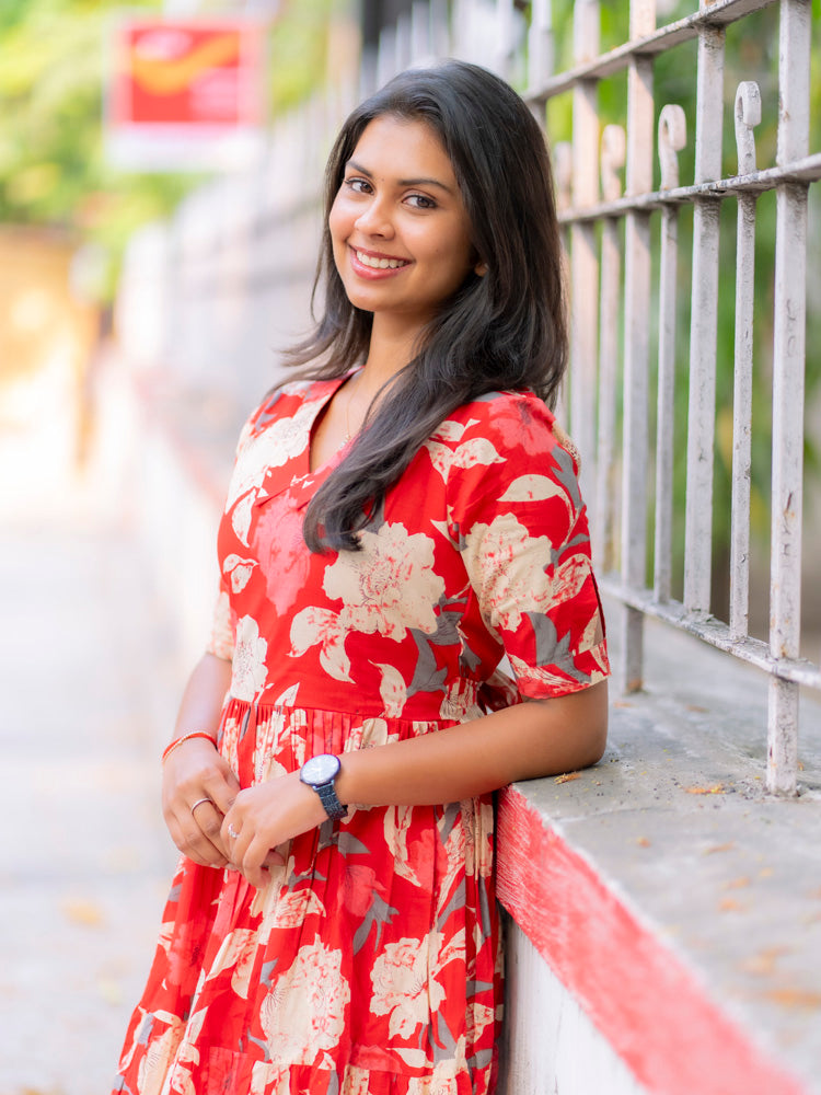 Scarlet Bloom Floral Maxi Dress for Women Elegant Flared Cotton Gown