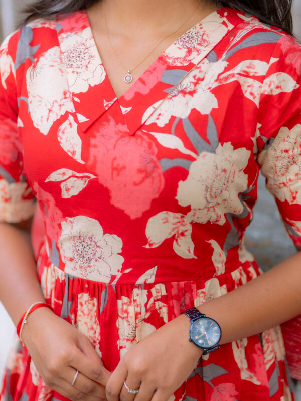 Scarlet Bloom Floral Maxi Dress for Women Elegant Flared Cotton Gown