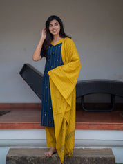 Navy Blue Kurta Set with Mustard Dupatta for Women Modern Traditional Ethnic Wear