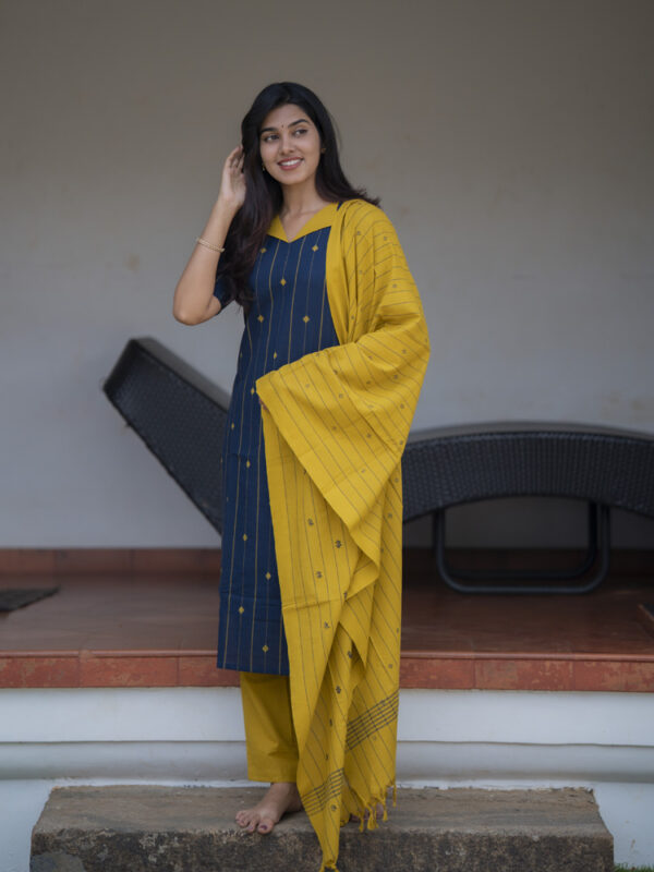 Navy Blue Kurta Set with Mustard Dupatta for Women Modern Traditional Ethnic Wear