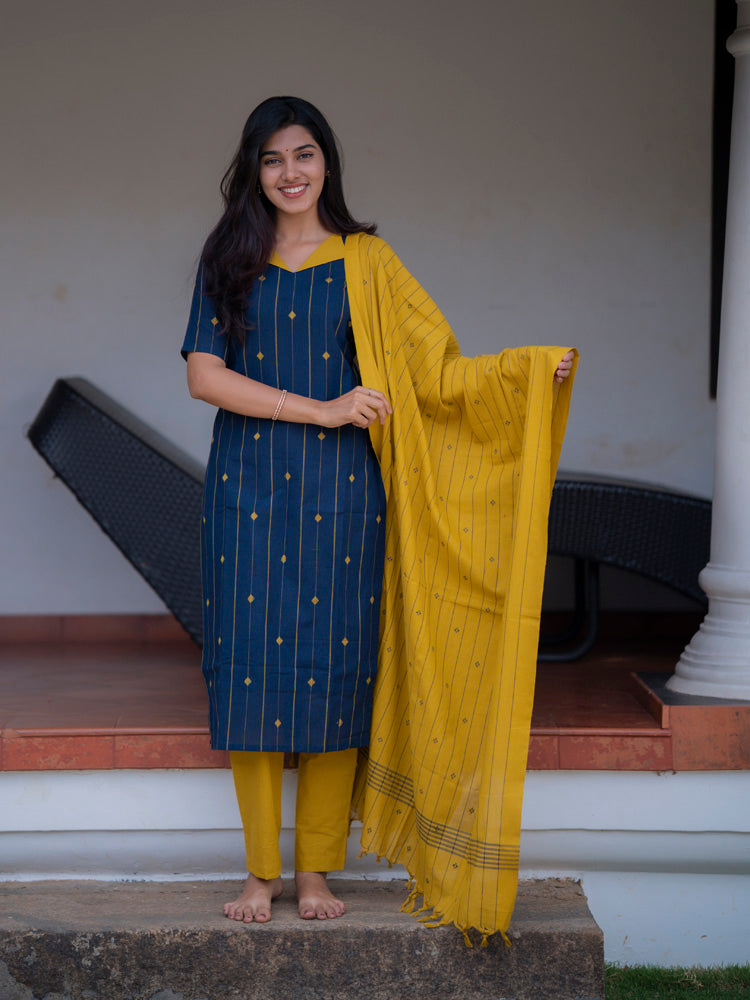 Navy Blue Kurta Set with Mustard Dupatta for Women Modern Traditional Ethnic Wear