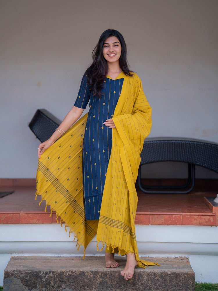 Navy Blue Kurta Set with Mustard Dupatta for Women Modern Traditional Ethnic Wear
