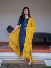 Navy Blue Kurta Set with Mustard Dupatta for Women Modern Traditional Ethnic Wear