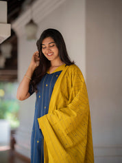 Navy Blue Kurta Set with Mustard Dupatta for Women Modern Traditional Ethnic Wear