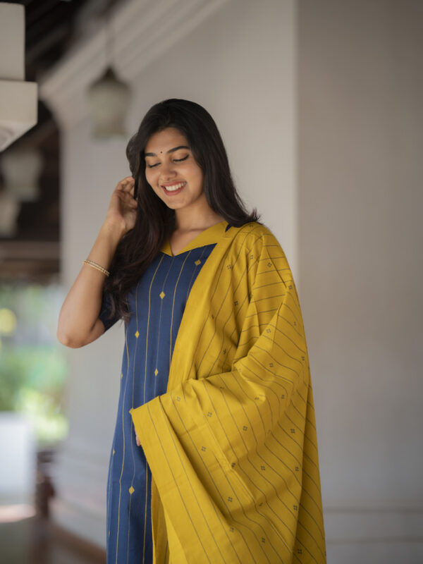 Navy Blue Kurta Set with Mustard Dupatta for Women Modern Traditional Ethnic Wear