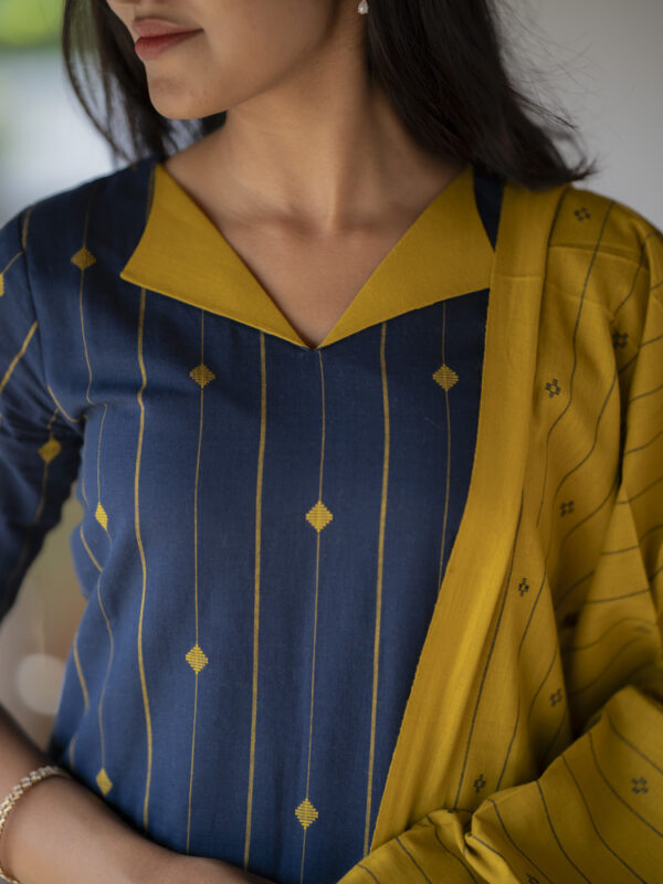 Navy Blue Kurta Set with Mustard Dupatta for Women Modern Traditional Ethnic Wear