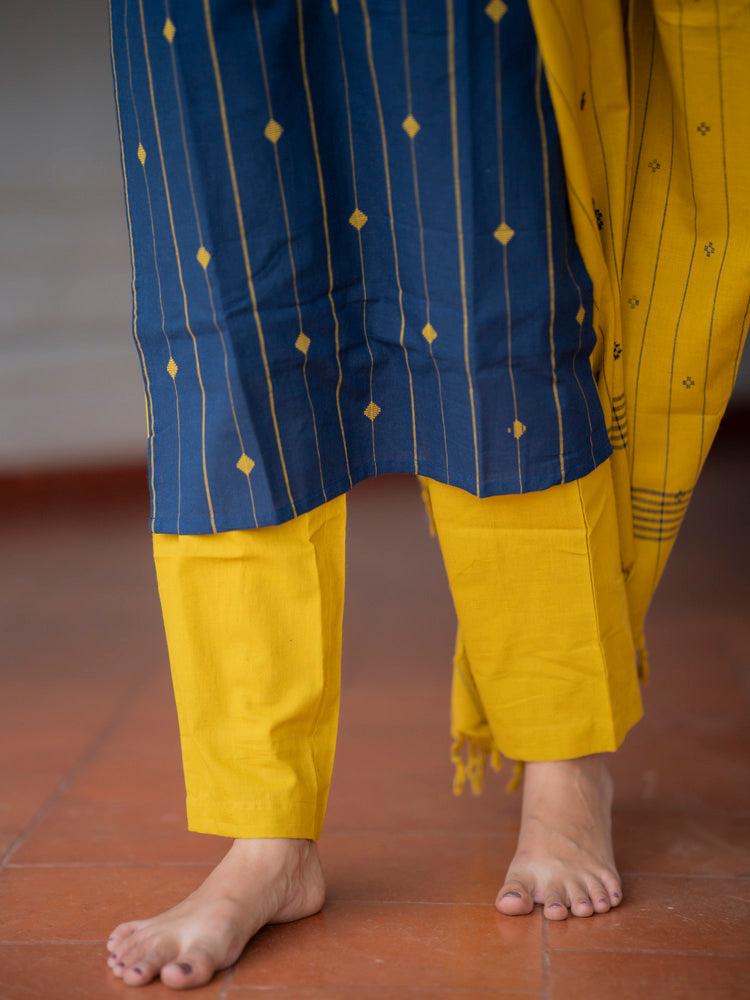 Navy Blue Kurta Set with Mustard Dupatta for Women Modern Traditional Ethnic Wear