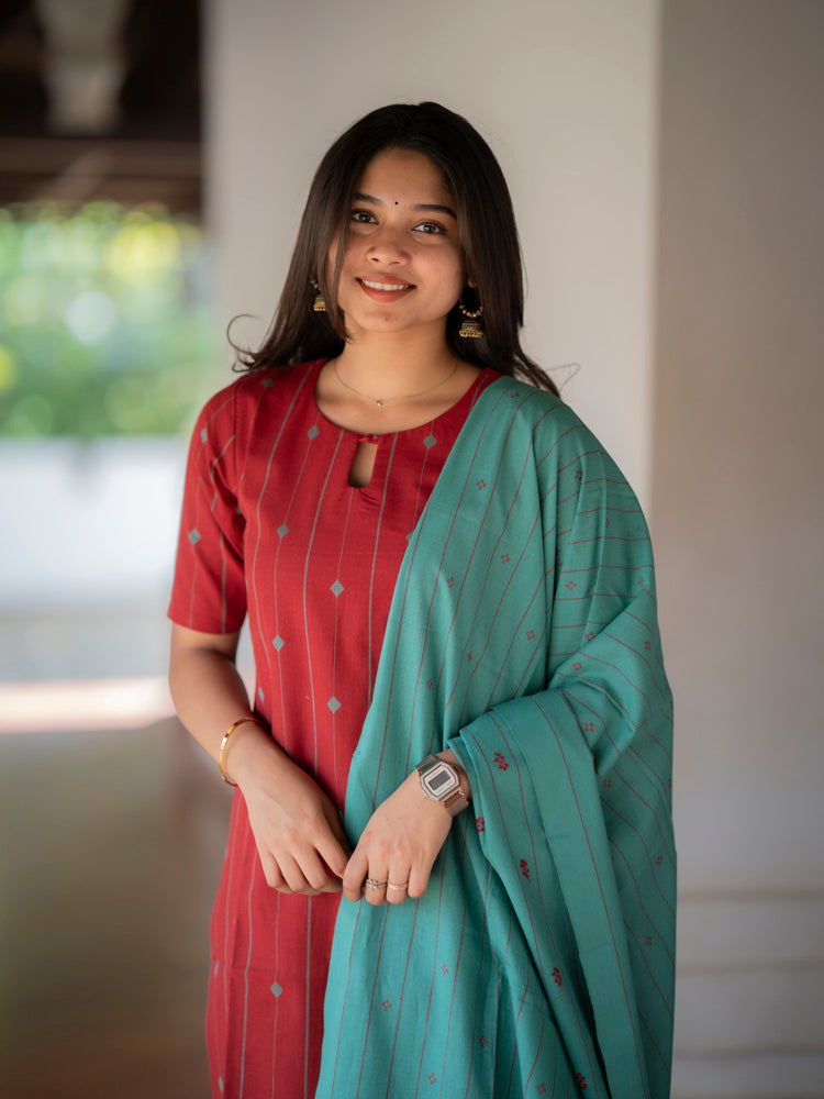 Brick Red Kurta Set with Aqua Blue Dupatta for Women Elegant Ethnic Wear